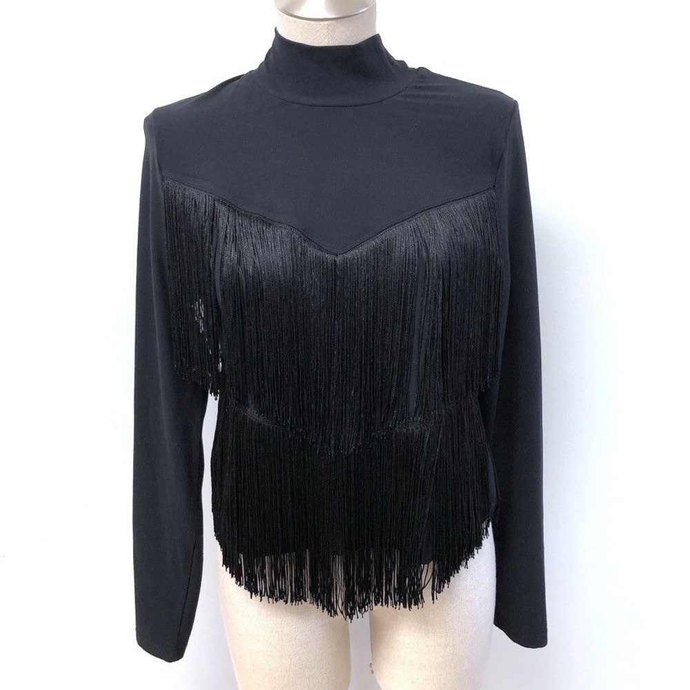 Carbon38 Fringe Top Womens Medium Black Mock Neck Long Sleeve Western YD6091